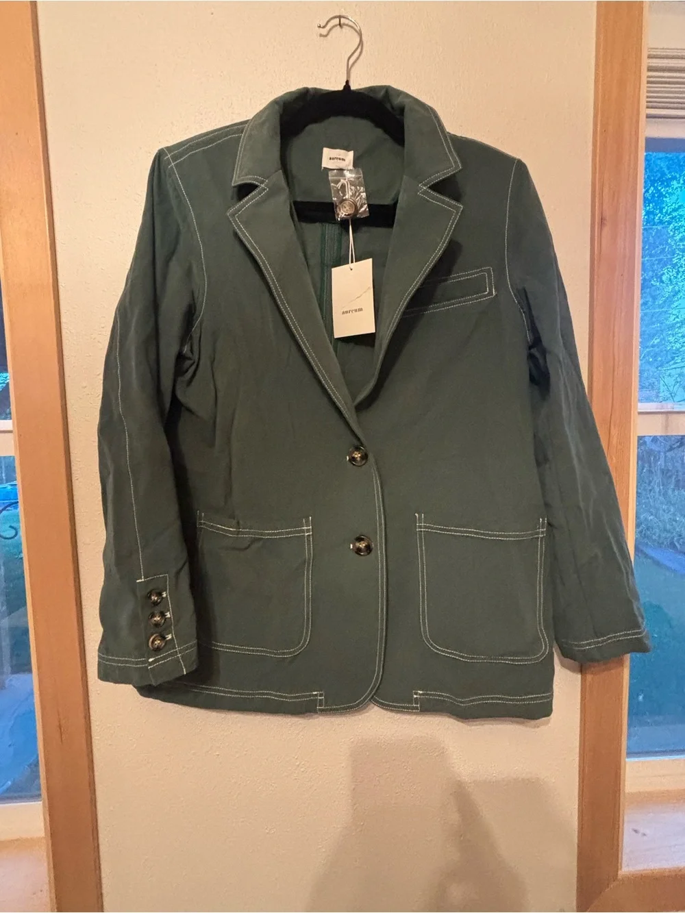 AUREUM Dark Green Contrast-Stitch Cotton Blazer M 0021S